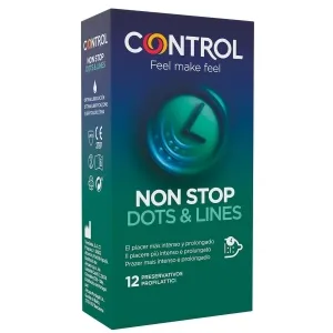 Verpackung von Control Non Stop Dots & Lines Kondome, 12 Stück, mit Uhr-Design und mehrsprachigem Text.