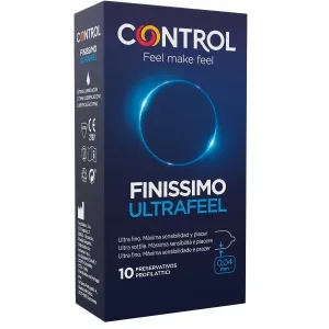 Packaging of Control Finissimo Ultrafeel condoms, 10 pieces, 0.04 mm thin, for maximum sensitivity and comfort.