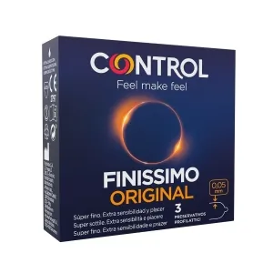 Verpackung von Control Finissimo Original Kondomen, 3 Stück, 0,05 mm dünn, dunkelblaues Design mit leuchtendem Kreis.