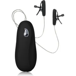 Black device with two clamps and cables, possibly an electronic accessory or gadget.