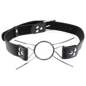 Black leather collar with metal ring and bars, adjustable with buckle and rivets.