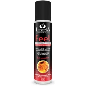 Schwarze Flasche LuxuriA Feel Hot Gleitgel, wasserbasiert, 60 ml, mit rotem und weißem Text, feuriges Design.