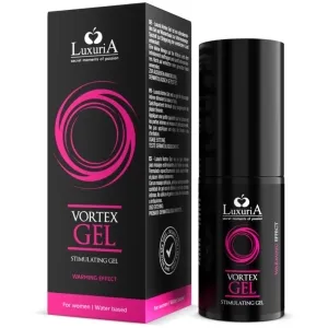Schwarze Verpackung und Flasche von LuxuriA Vortex Gel mit pinkem Design, stimulierendes Gel mit wärmendem Effekt.
