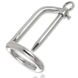 Metallisches U-förmiges Gerät mit Ring und Schraube, glänzend und silbern.