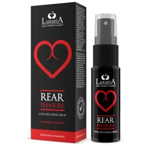 Schwarze Verpackung und Flasche von LuxuriA Rear Pleasure Anal Relaxing Spray mit rotem Herzsymbol.