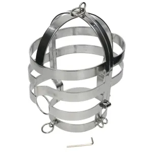 Metallkäfig mit Ringen und Schraubenschlüssel auf weißem Hintergrund.