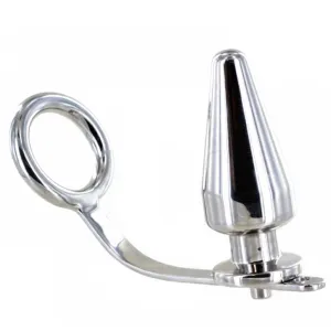 Metallic plug with ring handle, shiny and conically shaped, on a white background.