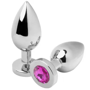 Two silver butt plugs with pink gemstones on a white background.