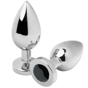 Two silver, metallic objects in a teardrop shape with a black gemstone at the base, on a white background.