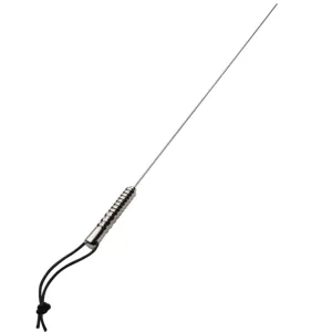 Long metal skewer with a ribbed handle and a black loop at the end.