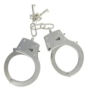 Silberne Handschellen mit zwei Schlüsseln auf weißem Hintergrund.