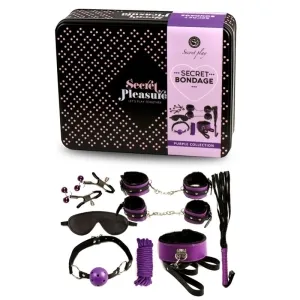 Schwarze Box mit lila Bondage-Set: Augenmaske, Handschellen, Seil, Peitsche, Knebel und Klammern.