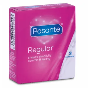 Rosa Verpackung von Pasante Regular Kondomen, 3 Stück, mit Text 