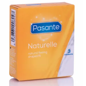 Orange Schachtel mit Pasante Naturelle Kondomen, 3 Stück, natürliches Gefühl, geformte Passform.