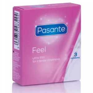 Pink pack of Pasante Feel condoms, ultra thin, 3 pieces.
