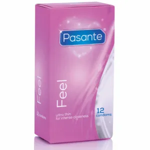 Pink packaging of Pasante Feel condoms, 12 pieces, ultra thin for intense sensation.