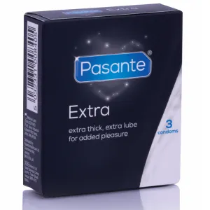 Schwarze Verpackung von Pasante Extra Kondomen, 3 Stück, extra dick und extra gleitfähig für mehr Vergnügen.