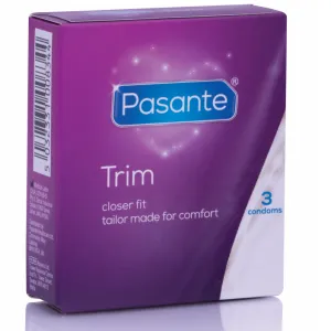 Purple packaging of Pasante Trim condoms, 3 pieces, with the inscription 