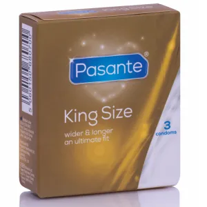 Packung Pasante King Size Kondome, 3 Stück, goldene Verpackung, breiter und länger für optimale Passform.
