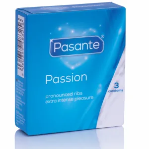Blaue Packung Pasante Passion Kondome, 3 Stück, mit ausgeprägten Rillen für intensives Vergnügen.