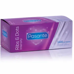 Lila Verpackung von Pasante Ribs & Dots Kondomen, 144 Stück, mit weißen und blauen Schriftzügen.
