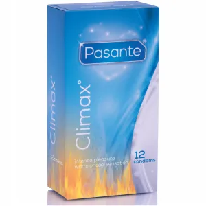 Blaue Verpackung von Pasante Climax Kondomen, 12 Stück, mit Flammenmotiv und Text 
