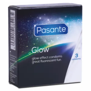 Verpackung von Pasante Glow Kondomen mit Leuchteffekt, 3 Stück, fluoreszierend.
