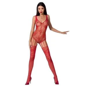 Woman in red lace bodysuit with garter belt and high heels posing against a white background.