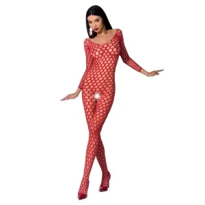 Person in a red mesh jumpsuit with large polka dots, posing on a white background.