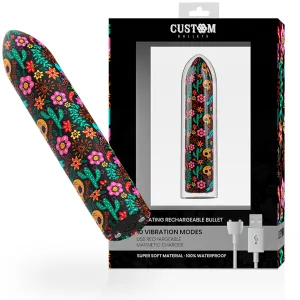 Bunter, blumenverzierter Vibrator mit Verpackung, USB-Kabel und 10 Vibrationsmodi, wasserfest und wiederaufladbar.