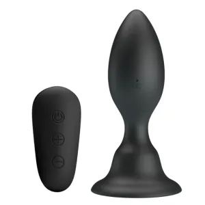Schwarzer, fernsteuerbarer Analplug mit Fernbedienung, beide mit glatter Oberfläche und Tasten zur Steuerung.