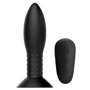 Schwarzer, konischer Plug mit Saugnapf und Fernbedienung mit drei Tasten.