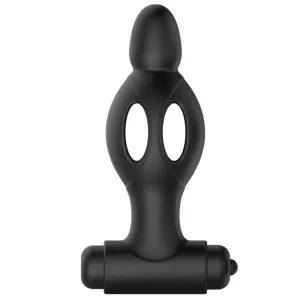 Schwarzes, ergonomisch geformtes Silikon-Sextoy mit zwei Grifföffnungen und abgerundetem Ende.