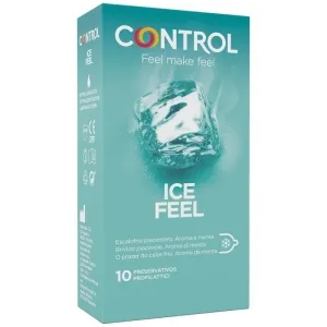 Verpackung von Control Ice Feel Kondomen mit Eiswürfelbild und Minzaroma, 10 Stück.