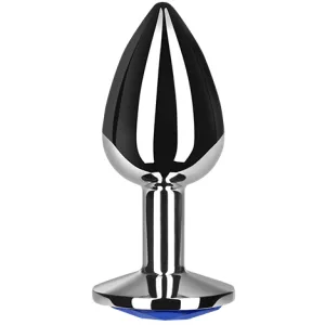 Metallischer Plug mit schwarzer Spitze und blauem Sockel, aufrecht stehend.
