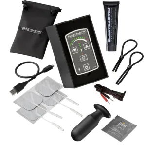 Elektrostimulationsgerät mit Zubehör: Kabel, Elektroden, Gel, Tasche, Schlaufen und Plug.