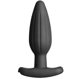 Schwarzer, gerippter Silikon-Butt-Plug mit breitem Griff.