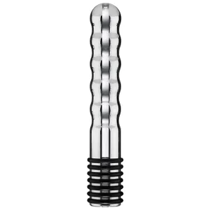 Silbernes, geriffeltes Metallobjekt mit schwarzem, geripptem Griff.