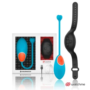 Wearable Vibrator-Set mit blauem und schwarzem Gerät, USB-Kabel und Verpackung.