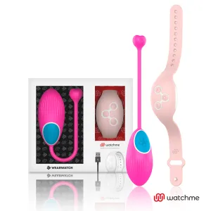 Verpackung mit pinkem und blauem Wearable-Gerät, USB-Kabel und rosa Armband. Marke: Watchme.