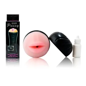 Erotic toy shaped like lips, with a black casing and a bottle of lubricant. Packaging in the background.