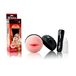 Erotic toy set with packaging, pink mouth attachment, remote control and bottle on a white background.