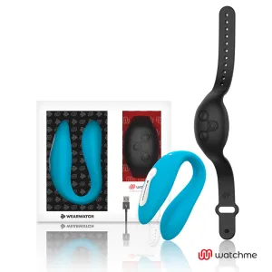 Blaues Wearable-Gerät und schwarzes Armband mit Verpackung und USB-Kabel, Marke 