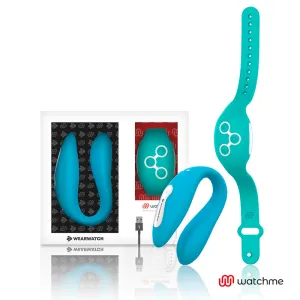 Türkises Wearable-Set mit Armband und U-förmigem Gerät, USB-Kabel und Verpackung.