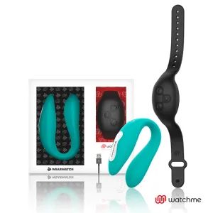Türkises Wearable mit schwarzem Armband und USB-Kabel, verpackt in einer Box. Marke: Watchme.